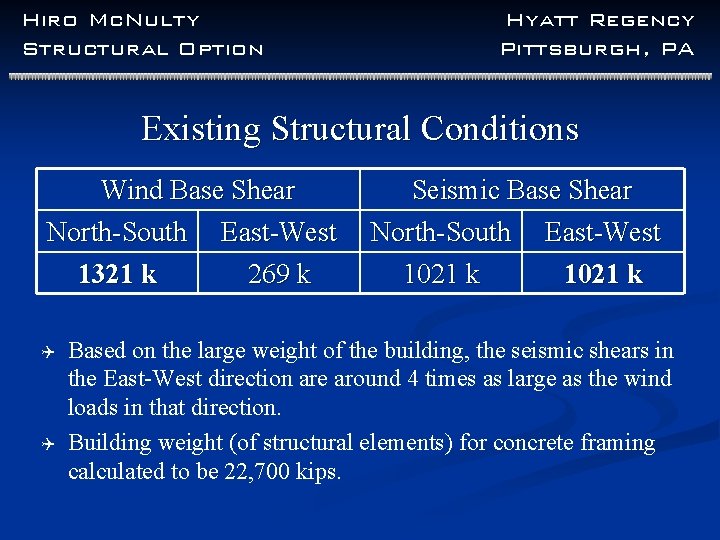 Hiro Mc. Nulty Structural Option Hyatt Regency Pittsburgh, PA Existing Structural Conditions Wind Base