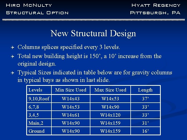 Hiro Mc. Nulty Structural Option Hyatt Regency Pittsburgh, PA New Structural Design Q Q