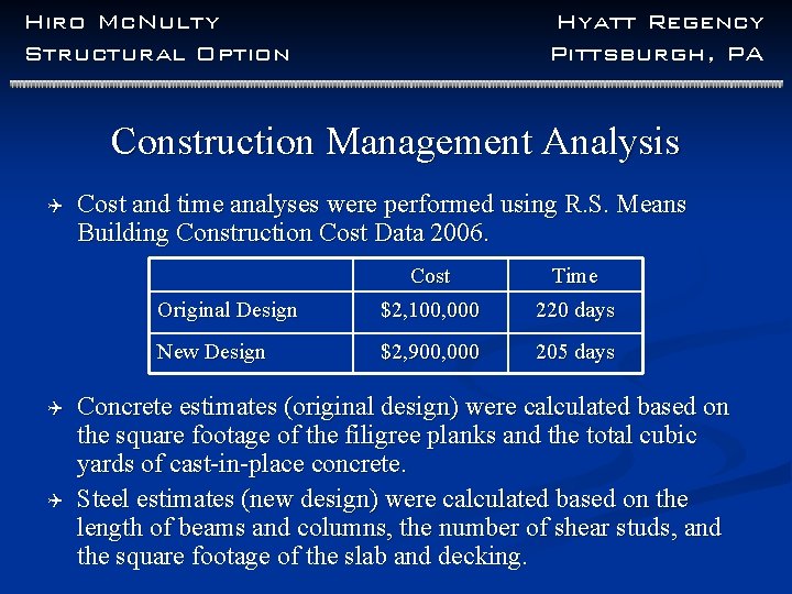 Hiro Mc. Nulty Structural Option Hyatt Regency Pittsburgh, PA Construction Management Analysis Q Q