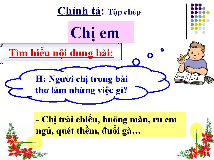 Chính tả: Tập chép Chị em Tìm hiểu nội dung bài: H: Người chị Chính tả: Tập chép Chị em Tìm hiểu nội dung bài: H: Người chị
