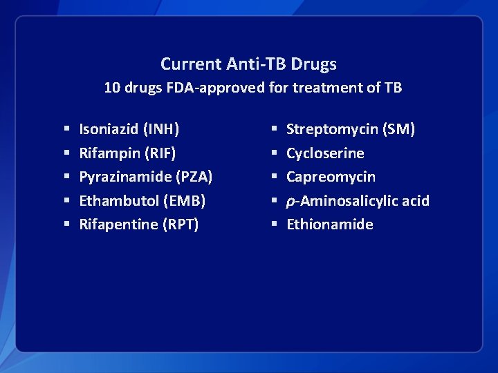 Current Anti-TB Drugs 10 drugs FDA-approved for treatment of TB § § § Isoniazid