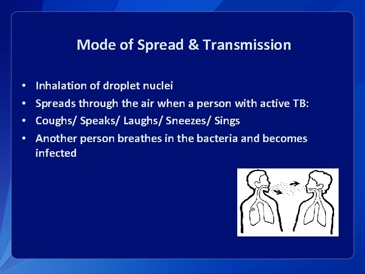 Mode of Spread & Transmission • • Inhalation of droplet nuclei Spreads through the