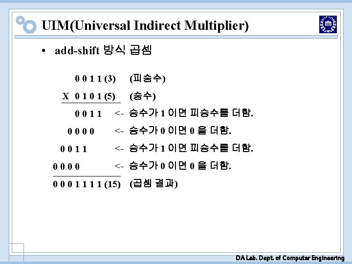 UIM(Universal Indirect Multiplier) • add-shift 방식 곱셈 0 0 1 1 (3) X 0 UIM(Universal Indirect Multiplier) • add-shift 방식 곱셈 0 0 1 1 (3) X 0