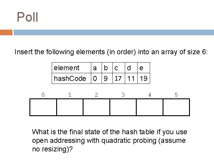 Poll Insert the following elements (in order) into an array of size 6: element
