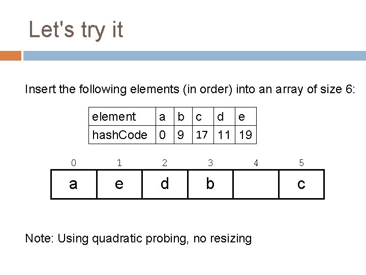 Let's try it Insert the following elements (in order) into an array of size