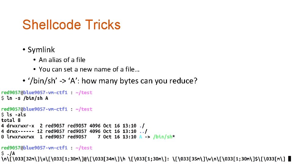 Shellcode Tricks • Symlink • An alias of a file • You can set