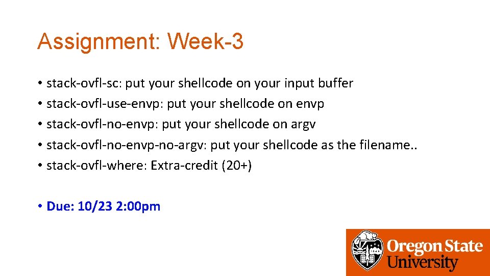 Assignment: Week-3 • stack-ovfl-sc: put your shellcode on your input buffer • stack-ovfl-use-envp: put