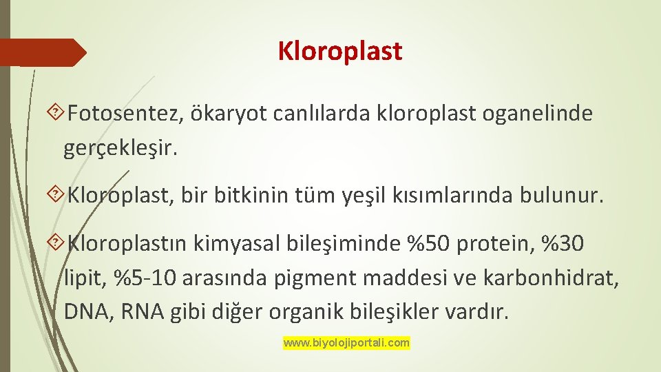 Kloroplast Fotosentez, ökaryot canlılarda kloroplast oganelinde gerçekleşir. Kloroplast, bir bitkinin tüm yeşil kısımlarında bulunur.