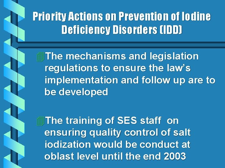 Priority Actions on Prevention of Iodine Deficiency Disorders (IDD) 4 The mechanisms and legislation Priority Actions on Prevention of Iodine Deficiency Disorders (IDD) 4 The mechanisms and legislation