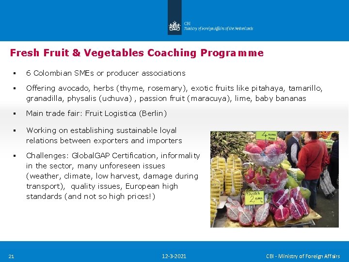 Fresh Fruit & Vegetables Coaching Programme § 6 Colombian SMEs or producer associations § Fresh Fruit & Vegetables Coaching Programme § 6 Colombian SMEs or producer associations §