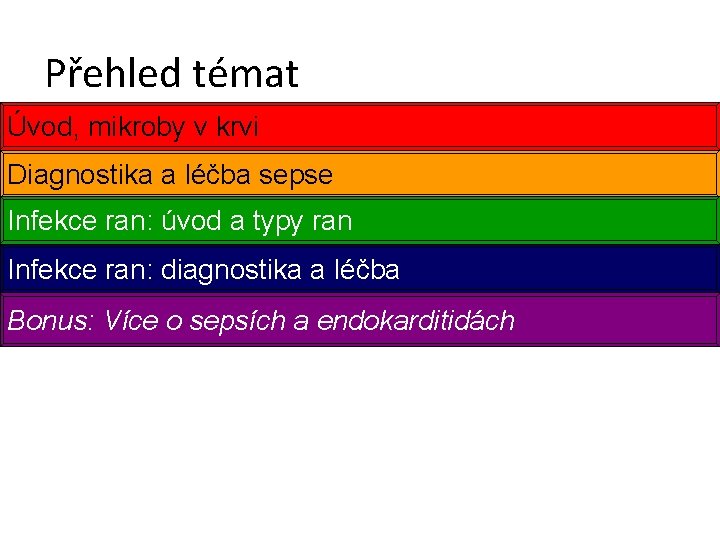 Přehled témat Úvod, mikroby v krvi Diagnostika a léčba sepse Infekce ran: úvod a Přehled témat Úvod, mikroby v krvi Diagnostika a léčba sepse Infekce ran: úvod a