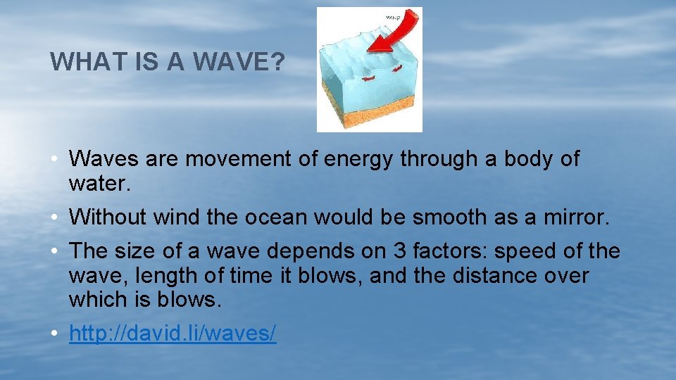 WHAT IS A WAVE? • Waves are movement of energy through a body of