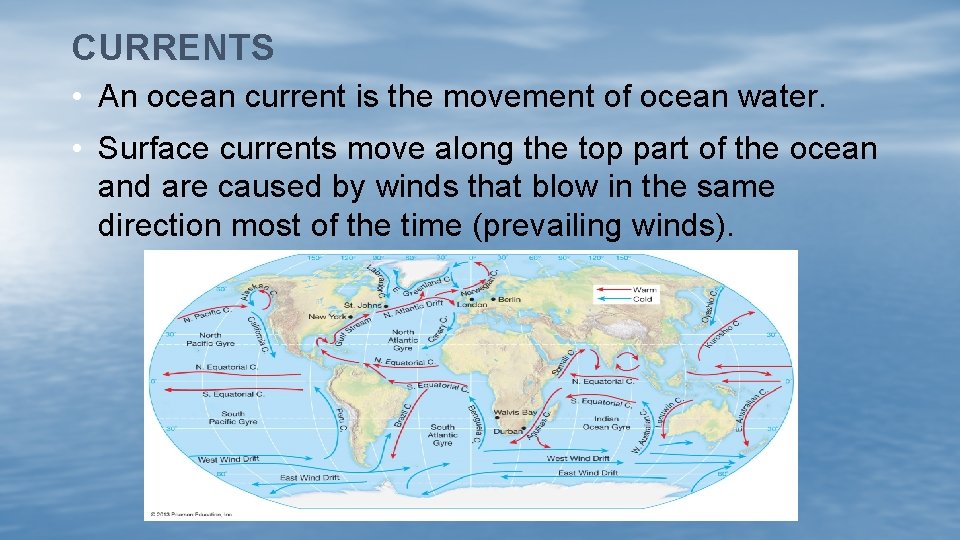 CURRENTS • An ocean current is the movement of ocean water. • Surface currents