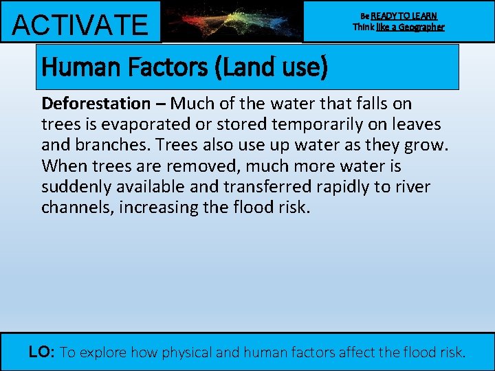 ACTIVATE Human Factors (Land use) Be READY TO LEARN Think like a Geographer Deforestation ACTIVATE Human Factors (Land use) Be READY TO LEARN Think like a Geographer Deforestation
