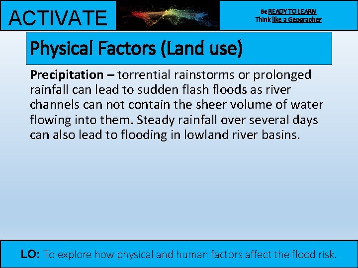 ACTIVATE Physical Factors (Land use) Be READY TO LEARN Think like a Geographer Precipitation ACTIVATE Physical Factors (Land use) Be READY TO LEARN Think like a Geographer Precipitation