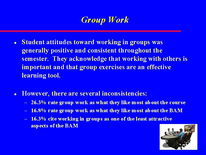 Group Work l l Student attitudes toward working in groups was generally positive and