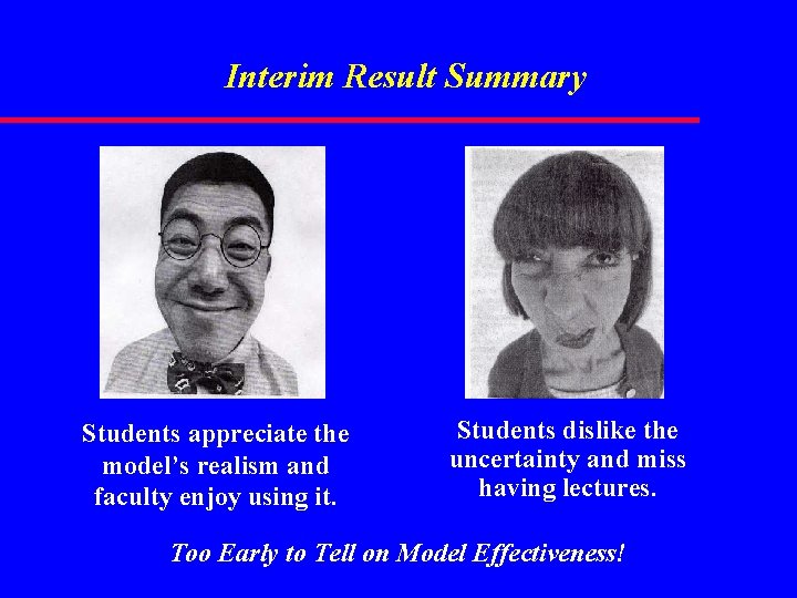 Interim Result Summary Students appreciate the model’s realism and faculty enjoy using it. Students