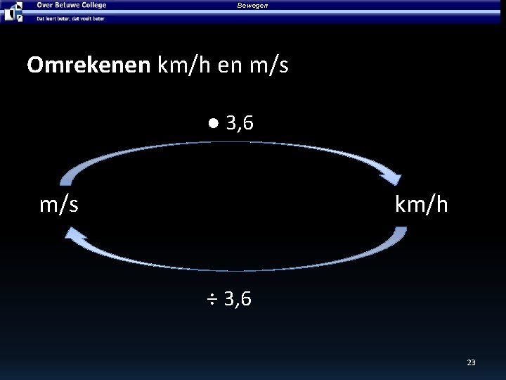 Bewegen Omrekenen km/h en m/s ● 3, 6 m/s km/h ÷ 3, 6 23 Bewegen Omrekenen km/h en m/s ● 3, 6 m/s km/h ÷ 3, 6 23