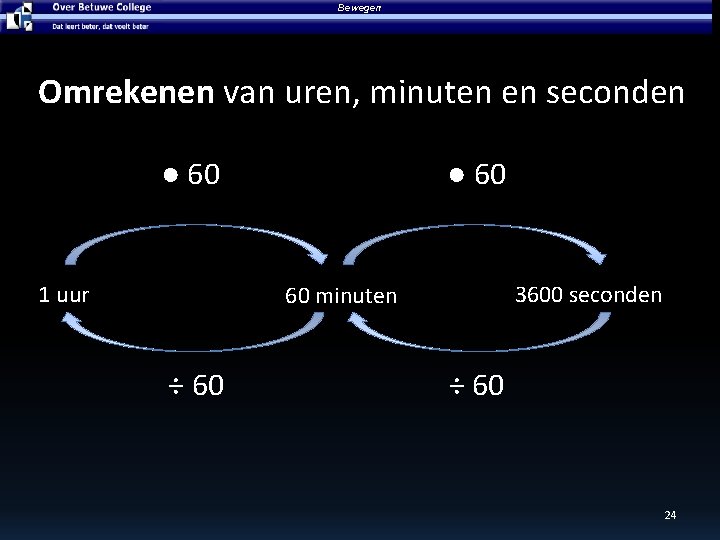 Bewegen Omrekenen van uren, minuten en seconden ● 60 1 uur ● 60 3600