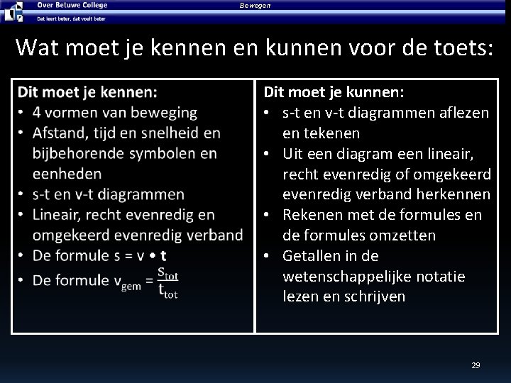 Bewegen Wat moet je kennen en kunnen voor de toets: Dit moet je kunnen: Bewegen Wat moet je kennen en kunnen voor de toets: Dit moet je kunnen: