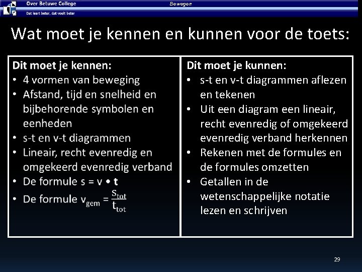 Bewegen Wat moet je kennen en kunnen voor de toets: Dit moet je kunnen: