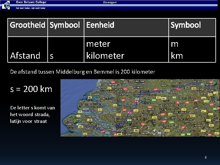 Bewegen Grootheid Symbool Eenheid Afstand s meter kilometer Symbool m km De afstand tussen