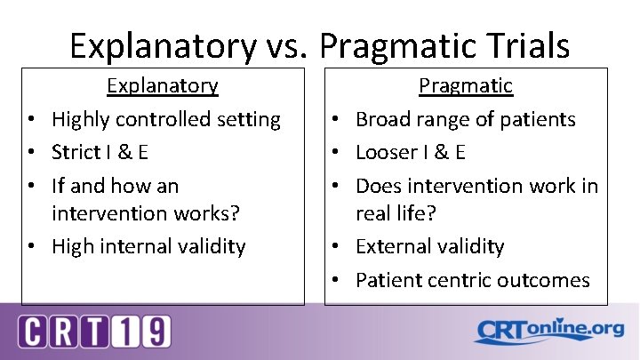 Explanatory vs. Pragmatic Trials • • Explanatory Highly controlled setting Strict I & E Explanatory vs. Pragmatic Trials • • Explanatory Highly controlled setting Strict I & E