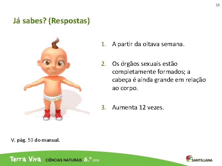 18 Já sabes? (Respostas) 1. A partir da oitava semana. 2. Os órgãos sexuais 18 Já sabes? (Respostas) 1. A partir da oitava semana. 2. Os órgãos sexuais