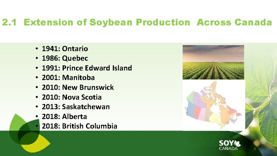 2. 1 Extension of Soybean Production Across Canada • • • 1941: Ontario 1986: