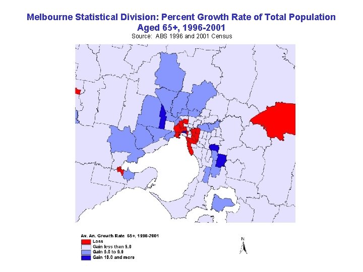 Melbourne Statistical Division: Percent Growth Rate of Total Population Aged 65+, 1996 -2001 Source: Melbourne Statistical Division: Percent Growth Rate of Total Population Aged 65+, 1996 -2001 Source: