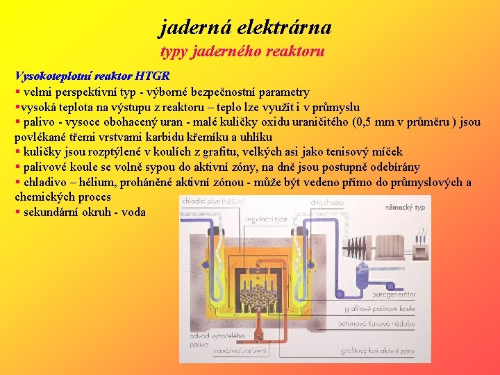 jaderná elektrárna typy jaderného reaktoru Vysokoteplotní reaktor HTGR § velmi perspektivní typ - výborné