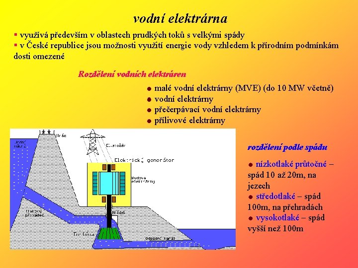 vodní elektrárna § využívá především v oblastech prudkých toků s velkými spády § v