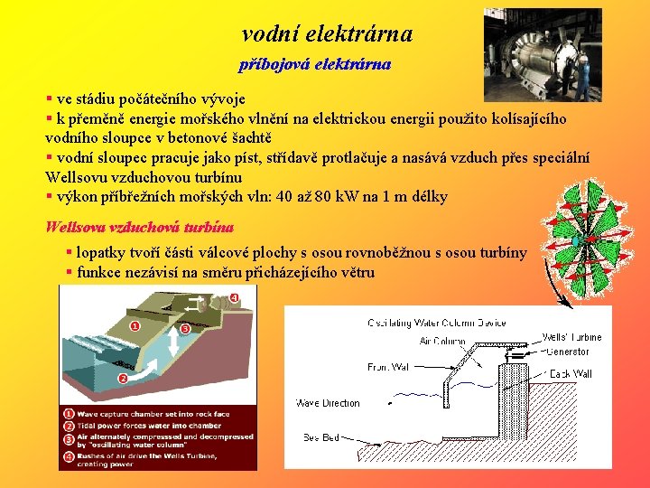 vodní elektrárna příbojová elektrárna § ve stádiu počátečního vývoje § k přeměně energie mořského