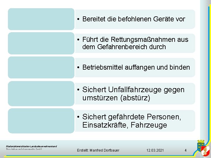 • Bereitet die befohlenen Geräte vor • Führt die Rettungsmaßnahmen aus dem Gefahrenbereich • Bereitet die befohlenen Geräte vor • Führt die Rettungsmaßnahmen aus dem Gefahrenbereich