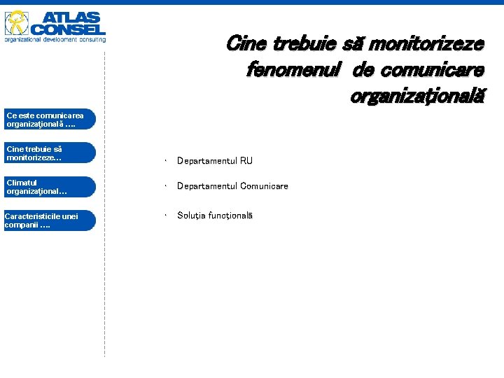 Cine trebuie să monitorizeze fenomenul de comunicare organizaţională Ce este comunicarea organizaţională …. Cine