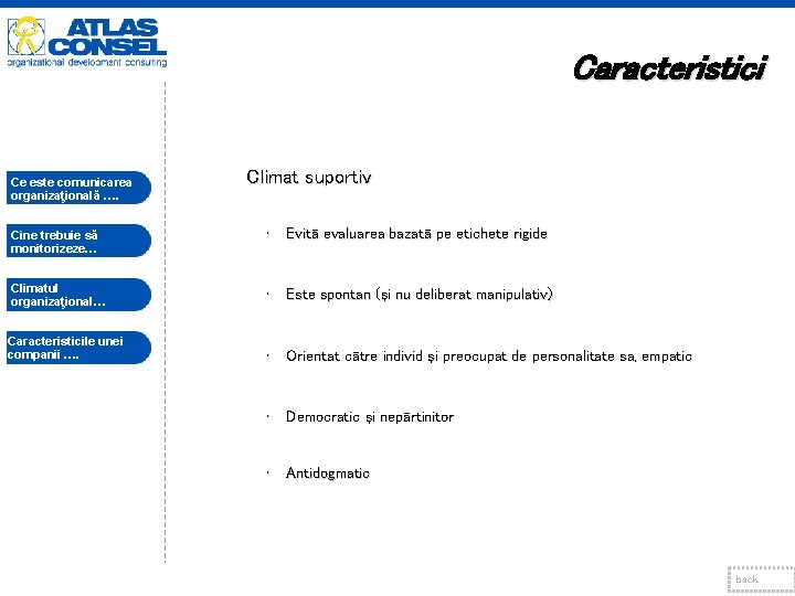 Caracteristici Ce este comunicarea organizaţională …. Climat suportiv Cine trebuie să monitorizeze… • Evită