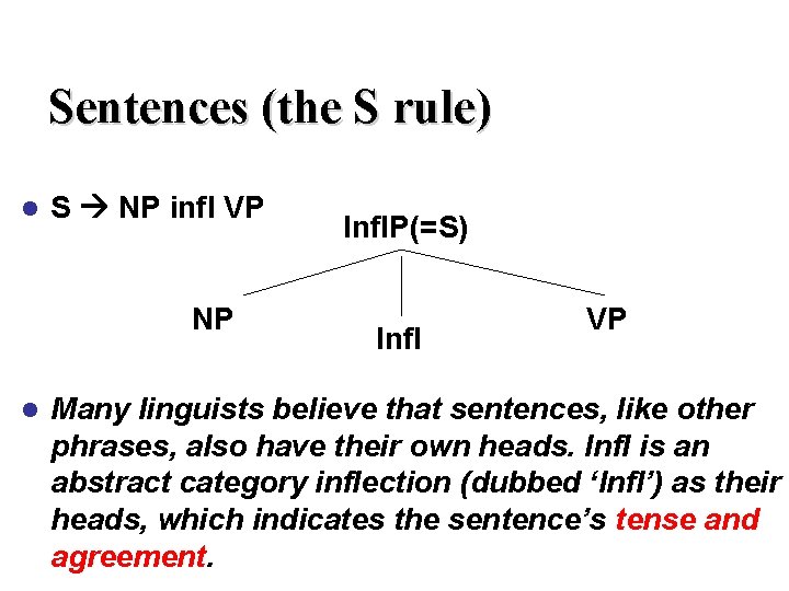Sentences (the S rule) l S NP infl VP NP l Infl. P(=S) Infl Sentences (the S rule) l S NP infl VP NP l Infl. P(=S) Infl