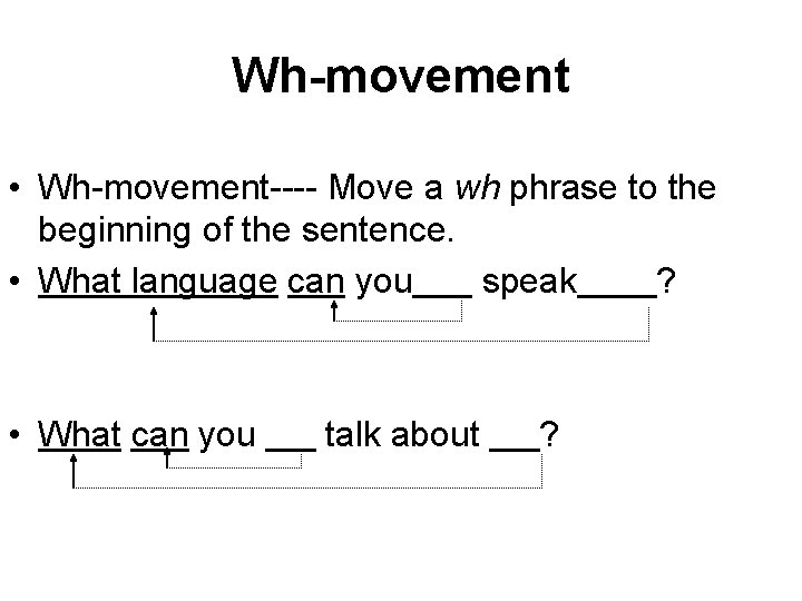 Wh-movement • Wh-movement---- Move a wh phrase to the beginning of the sentence. • Wh-movement • Wh-movement---- Move a wh phrase to the beginning of the sentence. •