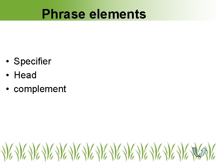 Phrase elements • Specifier • Head • complement Phrase elements • Specifier • Head • complement