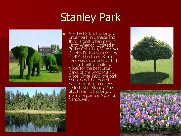 Stanley Park n Stanley Park is the largest urban park in Canada and third Stanley Park n Stanley Park is the largest urban park in Canada and third