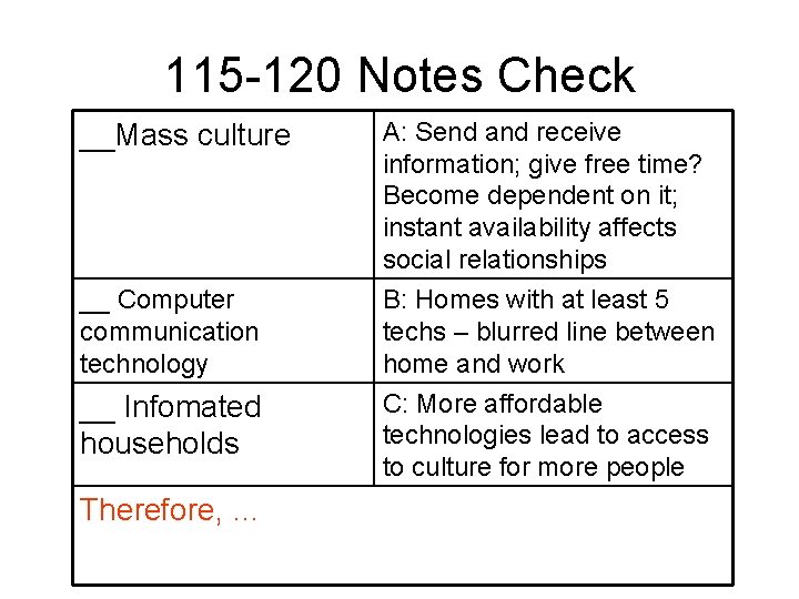 115 -120 Notes Check __Mass culture A: Send and receive information; give free time? 115 -120 Notes Check __Mass culture A: Send and receive information; give free time?
