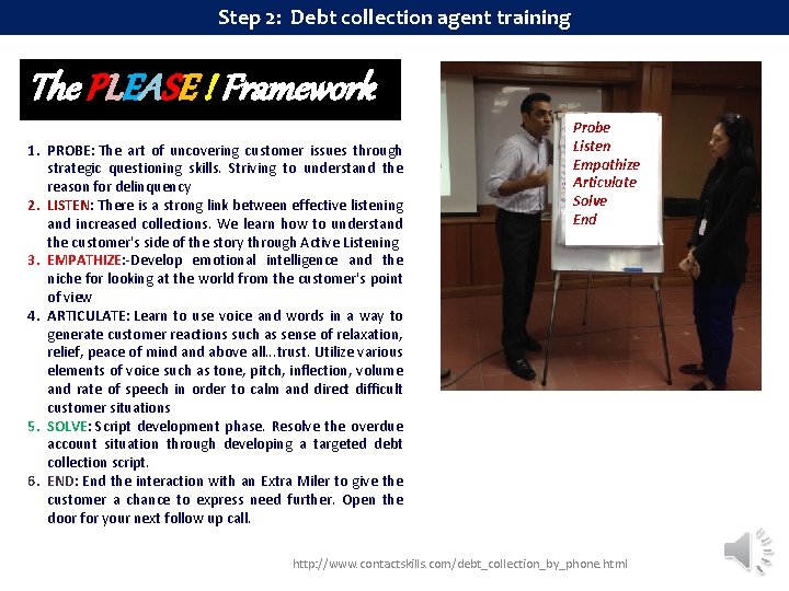 Step 2: Debt collection agent training The PLEASE ! Framework 1. PROBE: The art Step 2: Debt collection agent training The PLEASE ! Framework 1. PROBE: The art
