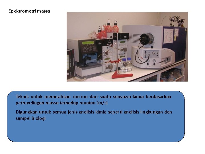 Spektrometri massa Teknik untuk memisahkan ion-ion dari suatu senyawa kimia berdasarkan perbandingan massa terhadap