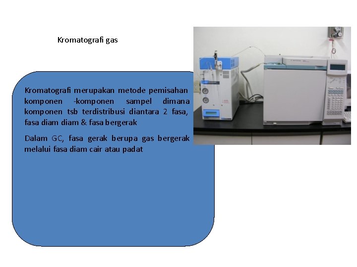 Kromatografi gas Kromatografi merupakan metode pemisahan komponen -komponen sampel dimana komponen tsb terdistribusi diantara