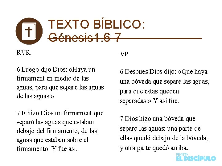 TEXTO BÍBLICO: Génesis 1. 6 -7 RVR VP 6 Luego dijo Dios: «Haya un