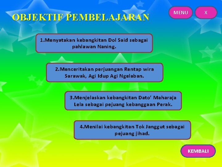 OBJEKTIF PEMBELAJARAN MENU X 1. Menyatakan kebangkitan Dol Said sebagai pahlawan Naning. 2. Menceritakan