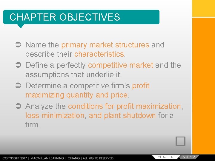 CHAPTER OBJECTIVES Name the primary market structures and describe their characteristics. Define a perfectly