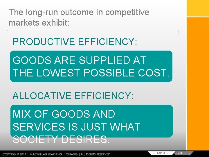 The long-run outcome in competitive markets exhibit: PRODUCTIVE EFFICIENCY: GOODS ARE SUPPLIED AT THE