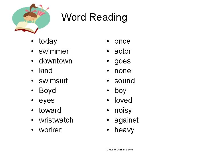 Word Reading • • • today swimmer downtown kind swimsuit Boyd eyes toward wristwatch Word Reading • • • today swimmer downtown kind swimsuit Boyd eyes toward wristwatch