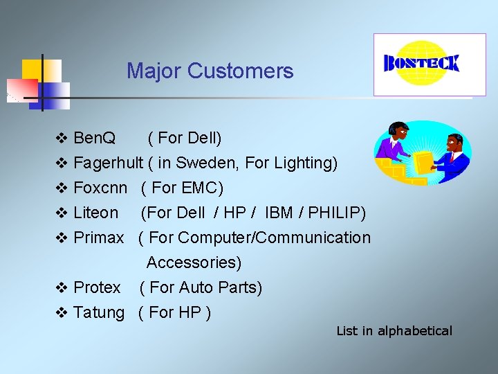  Major Customers v Ben. Q ( For Dell) v Fagerhult ( in Sweden,